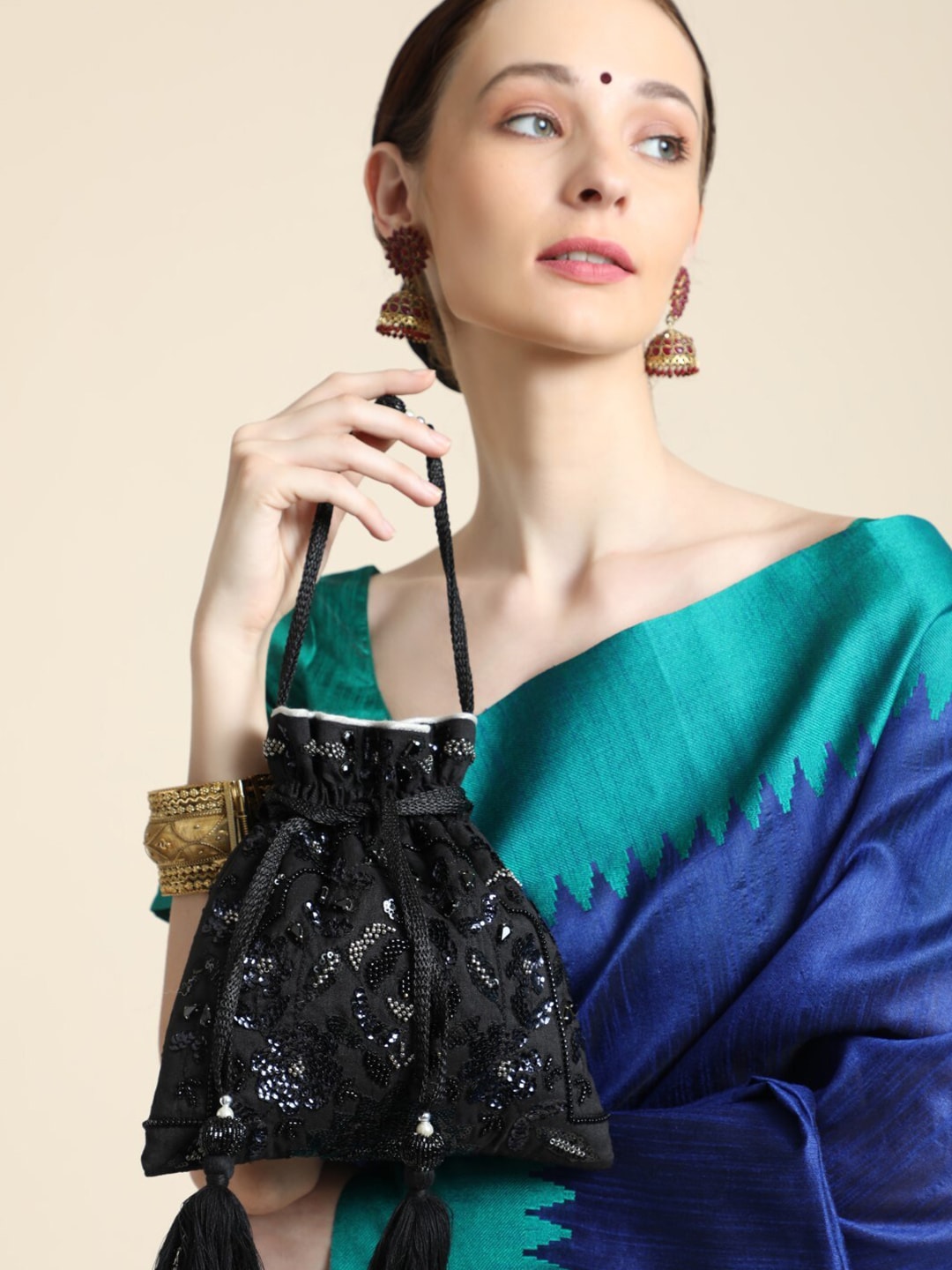 Masq Black & White Embroidered Potli Clutch - Grab2buy