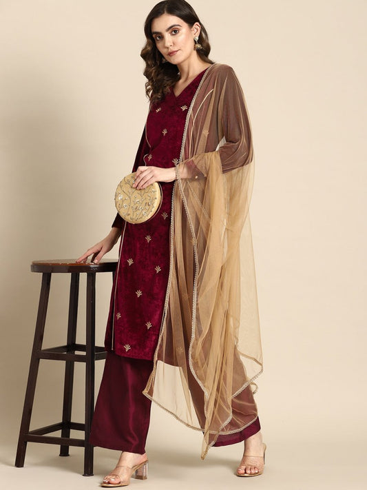 All About You Women Velvet Finish Woven Design Regular Kurta with Palazzos & Dupatta