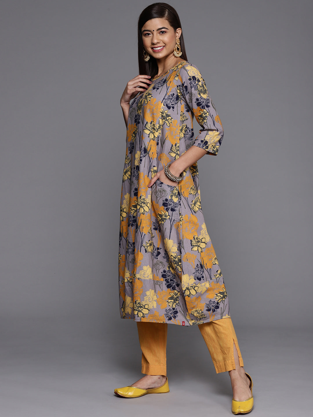 Biba Women Lavender & Mustard Yellow Floral Printed Floral Kurta - Grab2buy