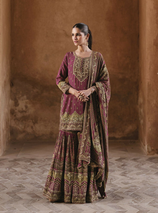 Anaita Maroon Silk Readymade Palazzo Suit with Swarovski Work