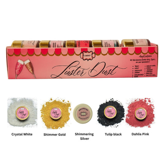 Confect Edible Luster Dust – Pack of 5 | Black, White, Silver, Pink, Gold |
