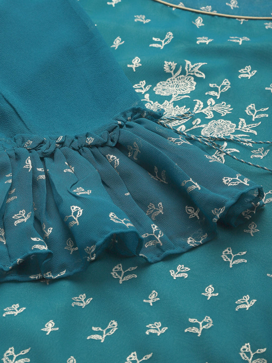 Biba Women Teal Blue & Golden Printed Straight Layered Kurta - Grab2buy