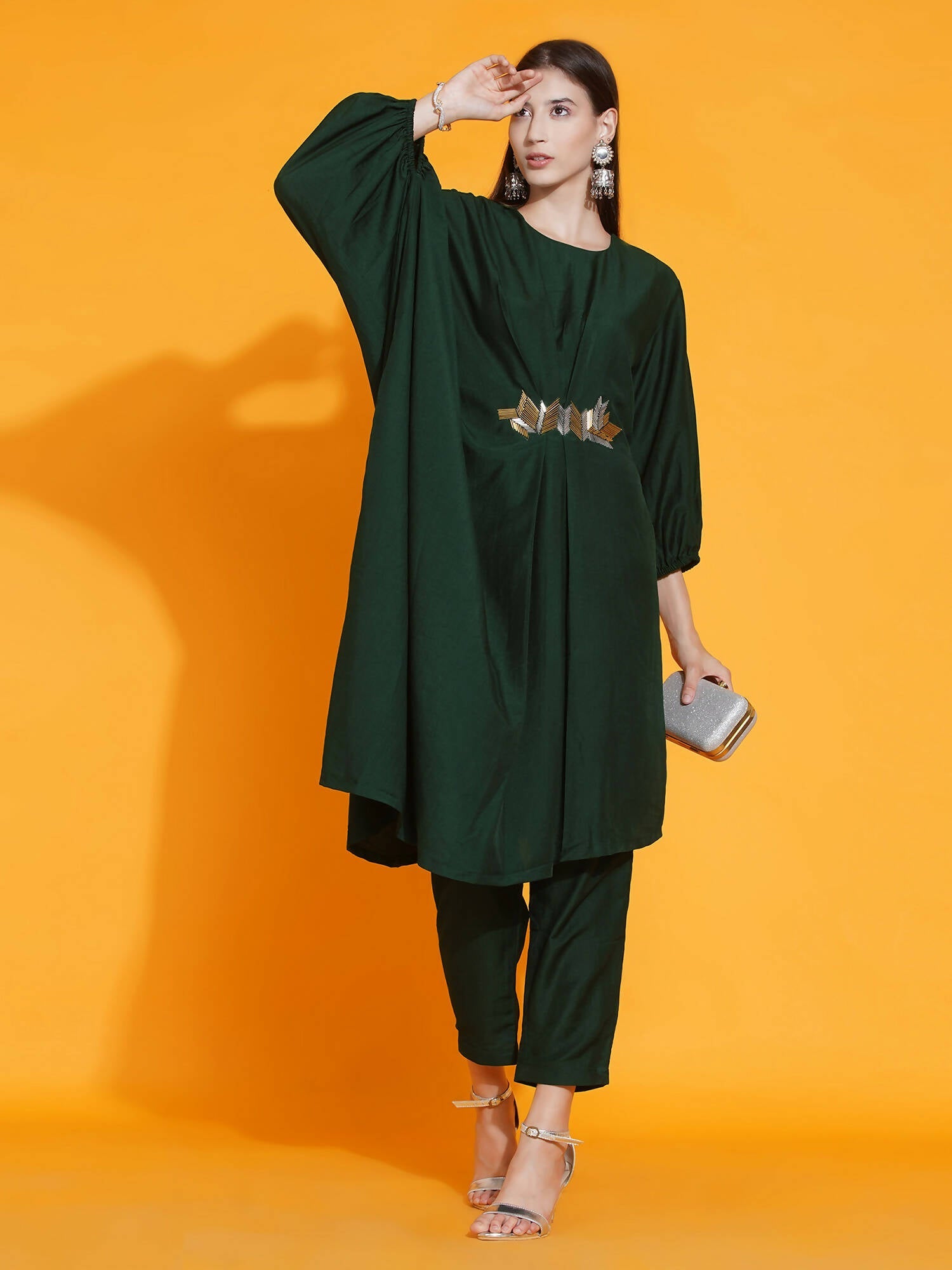Women Republic Green Fusion Style Kurta With Hand Embellishment And Pants - Grab2buy