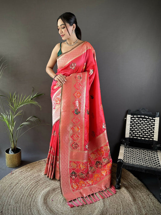Joban Fashion Peach Elephant & Floral Motifs Soft Lichi Silk Banarasi Saree