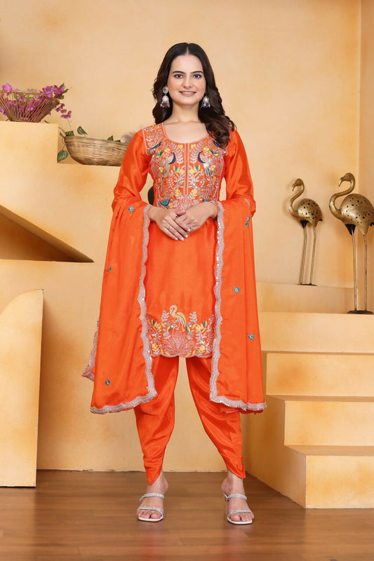Teeya Creation Orange Color Chinon Silk Party Wear Punjabi Dhoti Suit