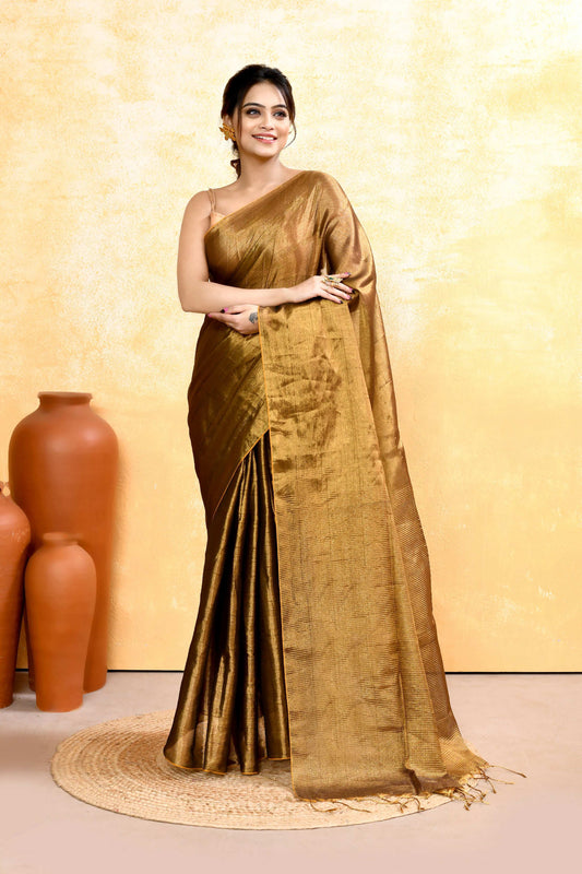 Piyari Fashion Women's Gold Dual Tone Organic Tissue Saree With Blouse Piece