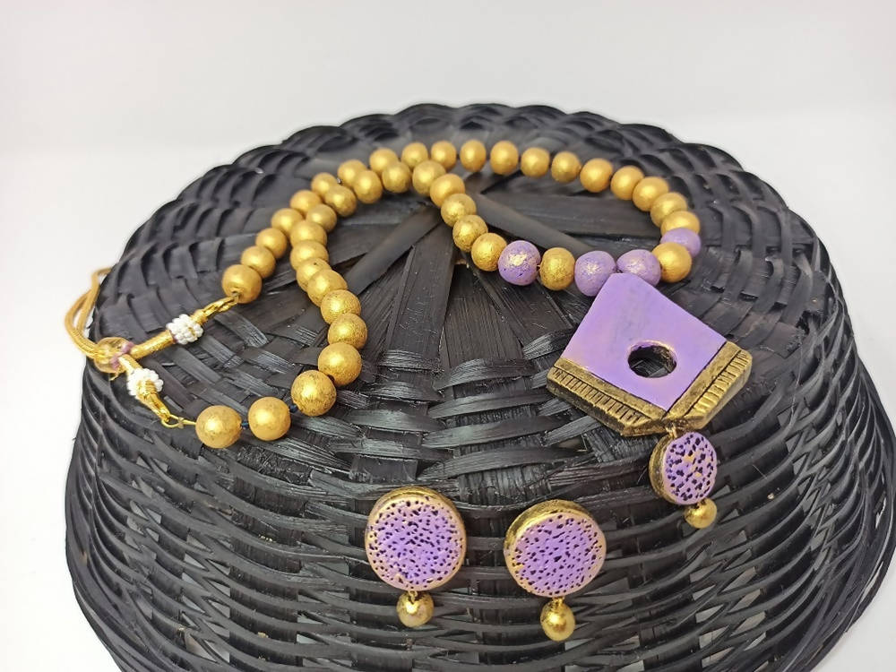 Terracotta Diamond Pendant Long Necklace Set With Studs-Lavender