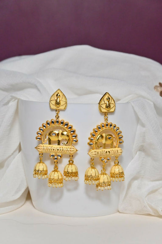 Beige Traditional Gold-Polished Elephant Design Kundan Jhumka Jhumki Earrings Indian Jewellery For Women & Girls By House of Ree House of Ree