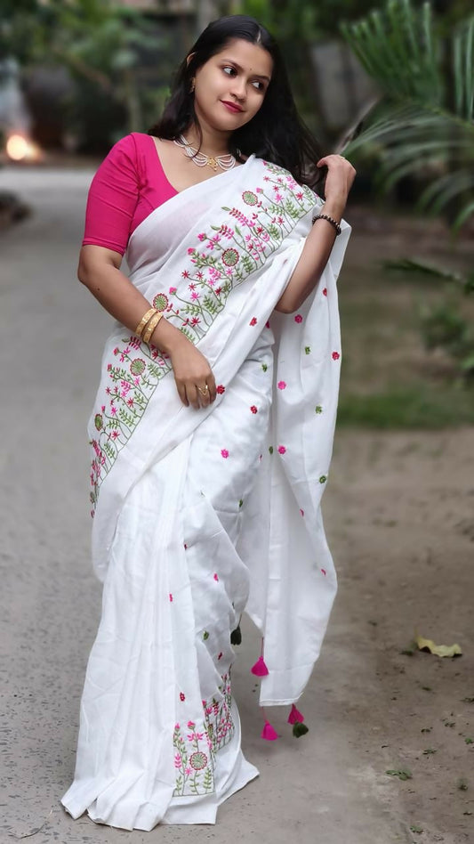 Exclusive Collection White Pure Cotton Handloom Embroidered Grab2Buy