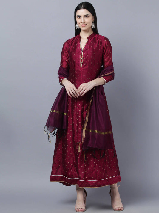 Myshka Women Brown Gold-Toned Anarkali Kurta With Dupatta