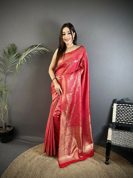 Joban Fashion Red Floral Motifs & Ethnic Design Soft Satin Silk Kanchipuram Saree