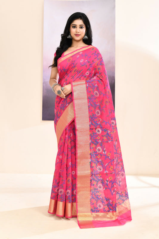Piyari Fashion Women's Pink Embellished Cotton Blend Printed Saree