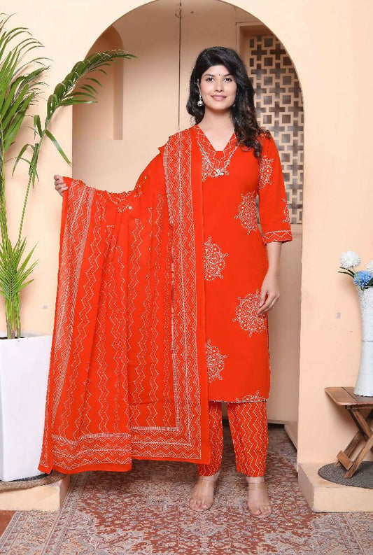 Miravan Womens Floral Printed Straight Fit Kurta With Palazzo And Dupatta - Orange