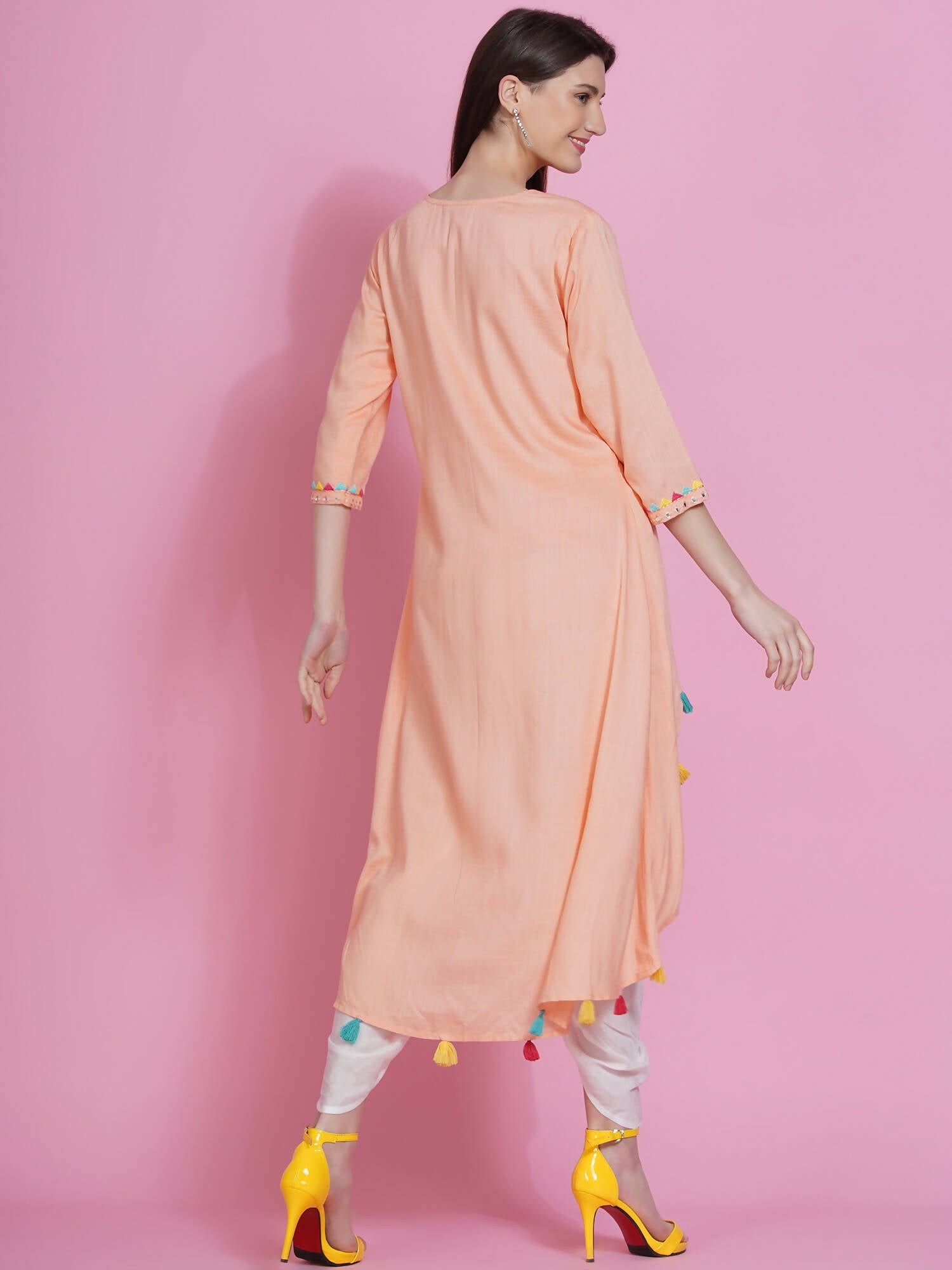 Women Republic Peach Rayon Embroidered Kurta With Mirror Work And Tulip Pants - Grab2buy