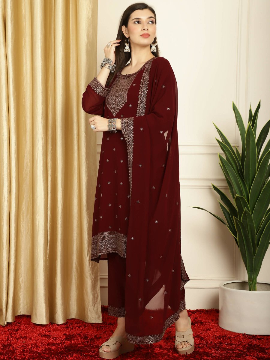 Aastha Fashion Women's Maroon Georgette Resham Thread & Sequin Kurta with Trouser & Dupatta - Grab2buy