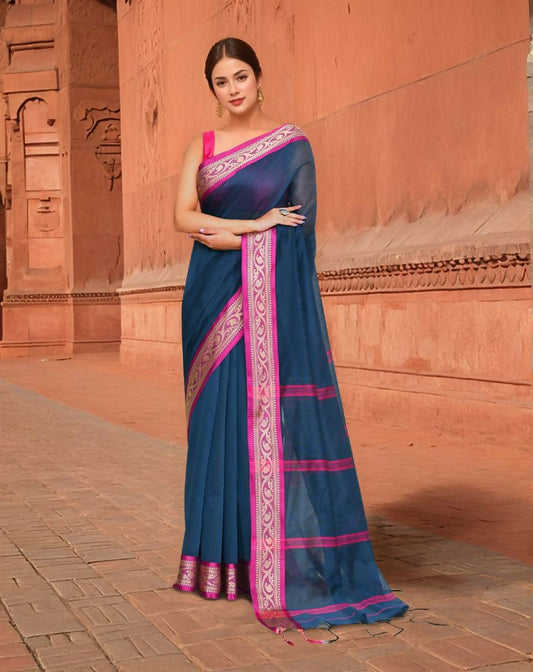 Joban Fashion Women Blue & Pink Trendy Cotton Saree