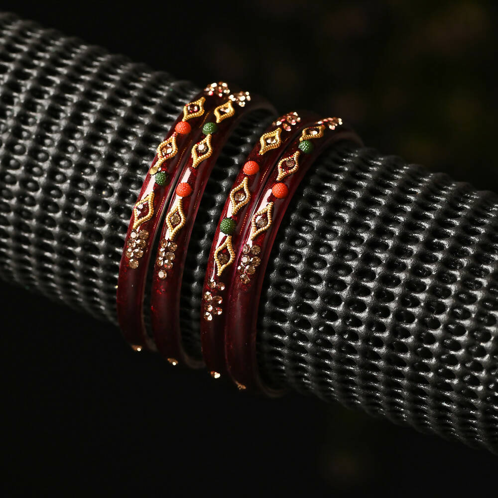 Afast Designer Fancy Party Bangle/ Kada Set, Maroon, Glass, Pack Of 4 - Grab2buy