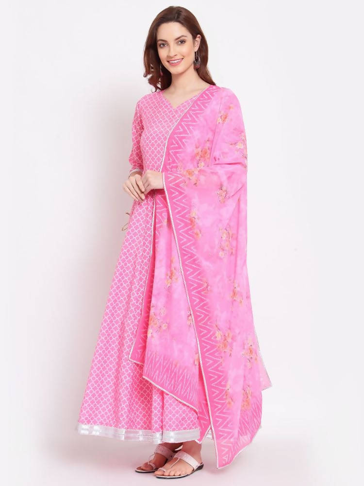 Myshka Women's Pink Printed Cotton Blend 3/4 Sleeve V Neck Casual Anarkali Kurta Dupatta Set
