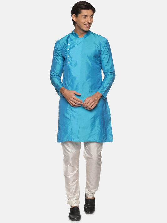 Sethukrishna Men Turquoise Blue Angrakha Kurta with Trousers