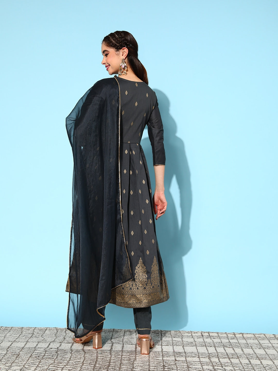 Sangria Ethnic Motifs Yoke Design Pleated Chanderi Silk Kurta with Trousers & With Dupatta - Grab2buy