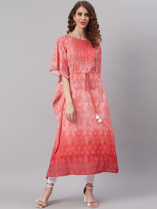 Janasya Women Peach-Coloured Ethnic Motifs Dyed Thread Work Georgette Kaftan Kurta