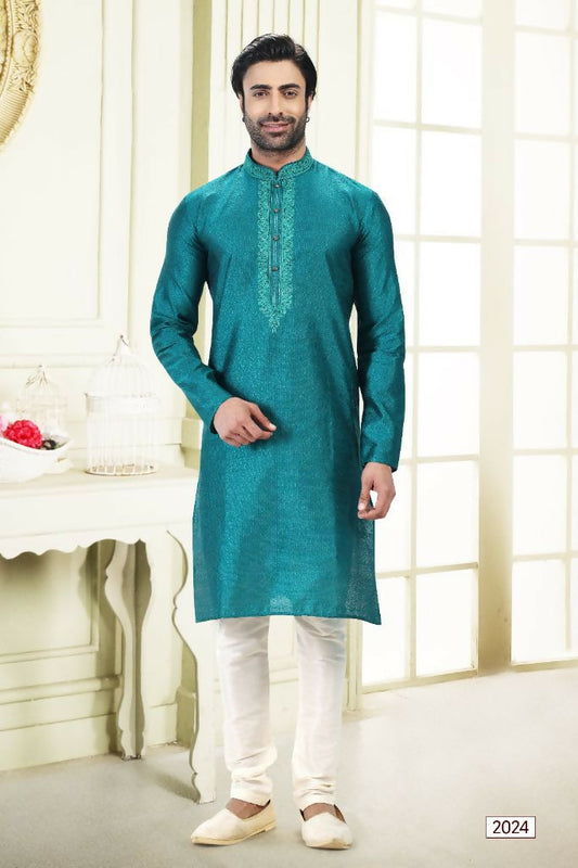 Raivat Ethnic Jacquard Banarasi Silk Thread Work Kurta Pajama In Blue Colour