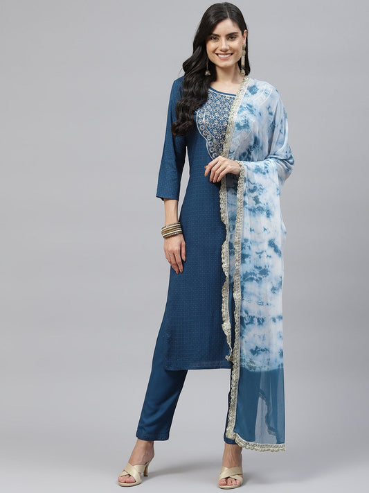 HERE&NOW Women Blue Embroidered Kurta with Trousers & Dupatta