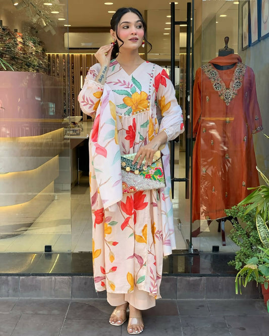 The52 Peach Women's Gorgeous Cotton Fabric Printed Work Straight Kurta Pant and Dupatta Set | Grab2Buy