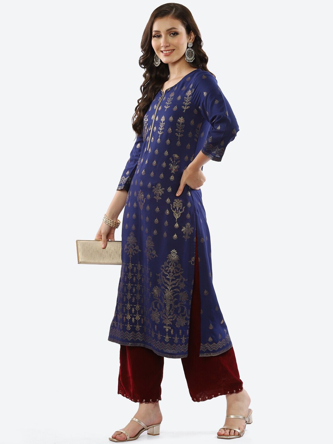 Biba Women Blue Ethnic Motifs Printed Rayon Kurta - Grab2buy