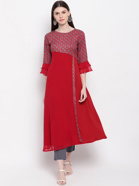Janasya Women Maroon & White Yoke Design A-Line Kurta