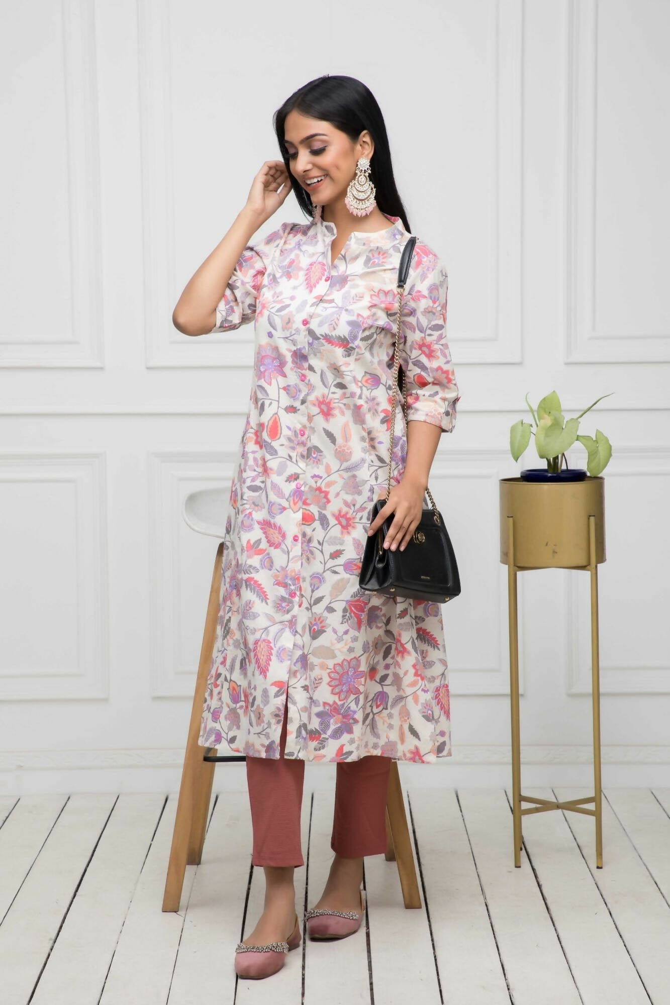 Myshka Women Cotton A-Line Round Neck Multi Floral Kurtas - Grab2buy