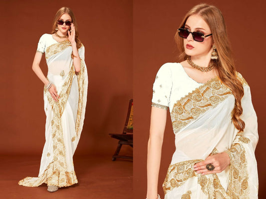 PR Fashion White Fendi Two Tone Silk Heavy Zari Embroidery Work With Zircon Work Saree