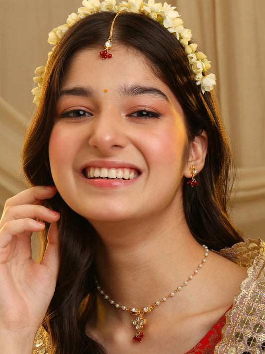 Ruby Raang Maang Tikka With Necklace And Earrings Set
