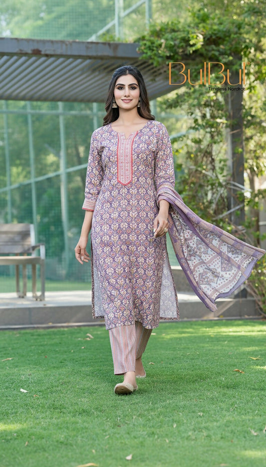 BulBul Fashionista Cotton Purple Kurta Set with Dupatta