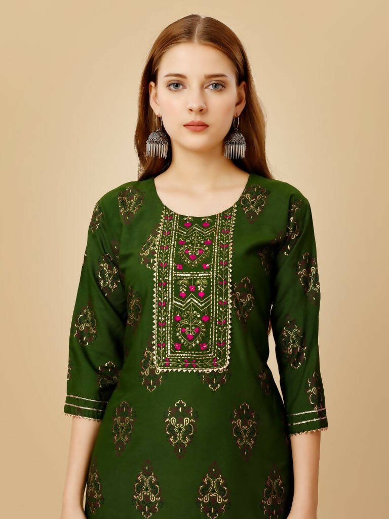 Aastha Fashion Women's Green Viscose Rayon Embroidered Kurta Pant Set - Grab2buy