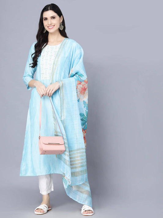 Myshka Women Turquoise Blue Panelled Pure Cotton Kurta with Trousers With Dupatta