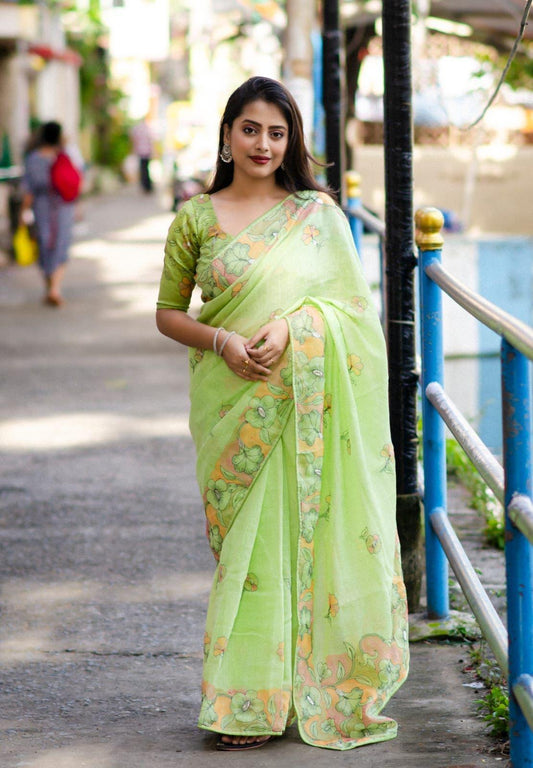 Green Pure Linen Ethnic Motifs Saree with Unstitched Blouse - A2M