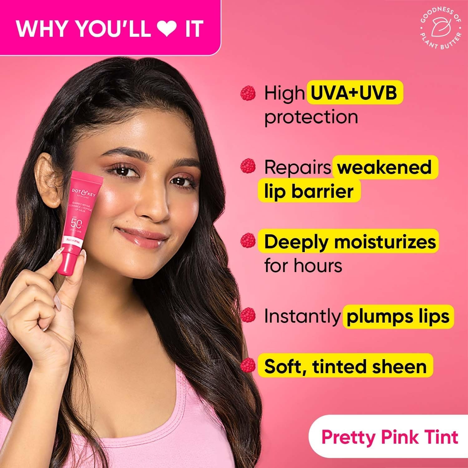 Dot & Key Barrier Repair Ceramide & Peptide SPF 50 Lip Balm - Plush Pink, UVA+UVB - Grab2buy