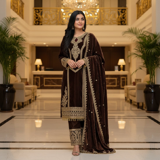 Joban Fashion Coffee Velvet Embroidery Sequence Work Readymade Kurta Set