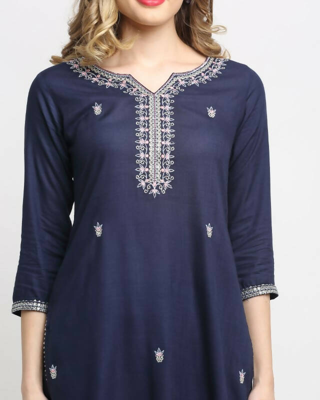 Aastha Fashion Women's Navy Blue Rayon Slub Jaipuri Printed Kurta with Trouser & Dupatta - Grab2buy