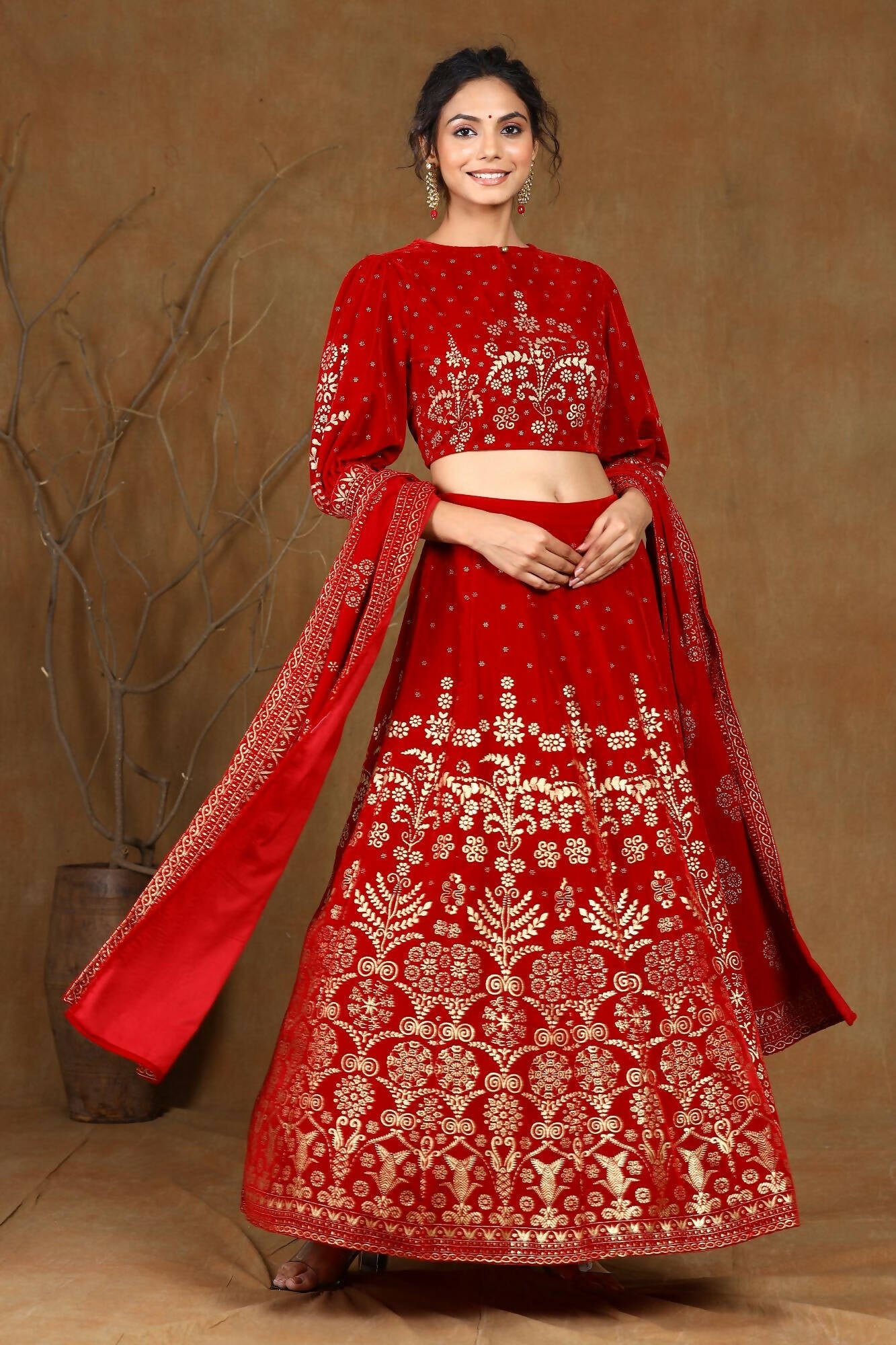 Juniper Women Maroon Velvet Printed Flared Lehenga Choli Sets - Grab2buy