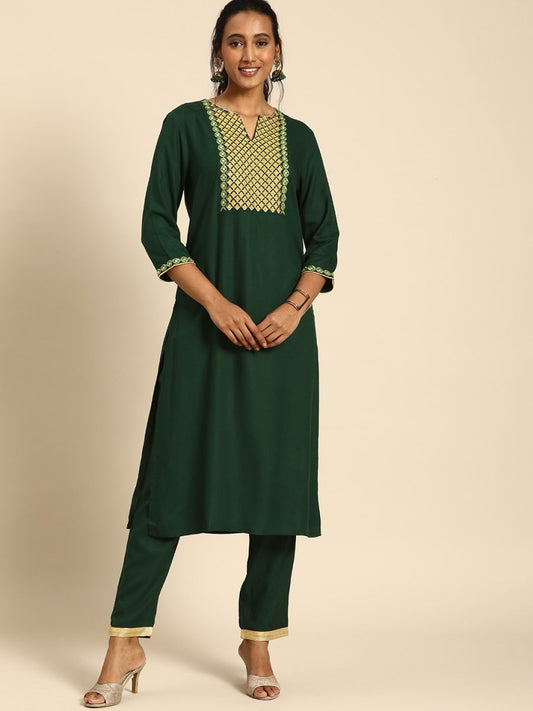 All About You Women Green Ethnic Motifs Yoke Design Regular Thread Work Kurta with Trousers
