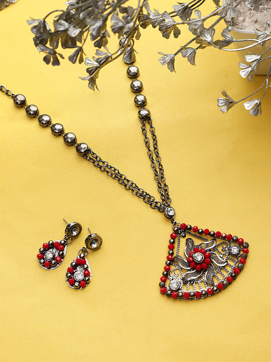 Cardinal Women Oxidised Silver-Plated Red Stone Studded & Beaded Jewellery Set - Grab2buy