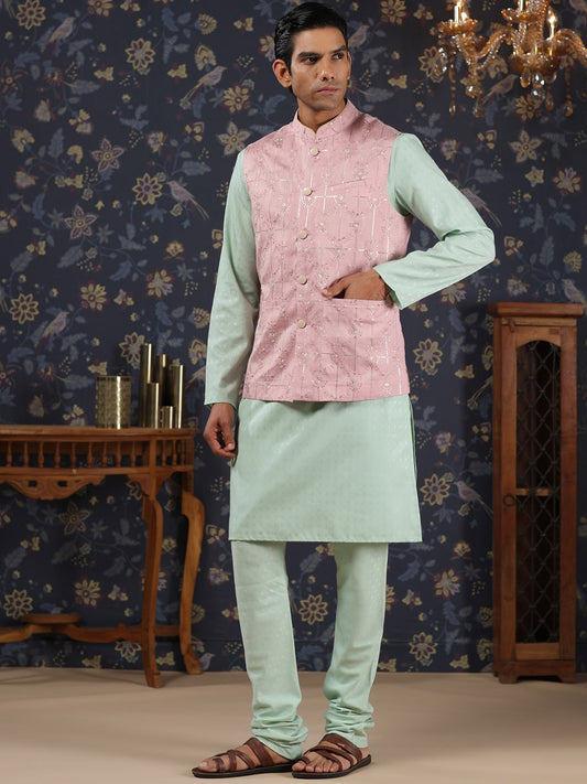 House of Pataudi Mandarin Collar Straight Kurta With Churidar & Embroidered Nehru Jacket