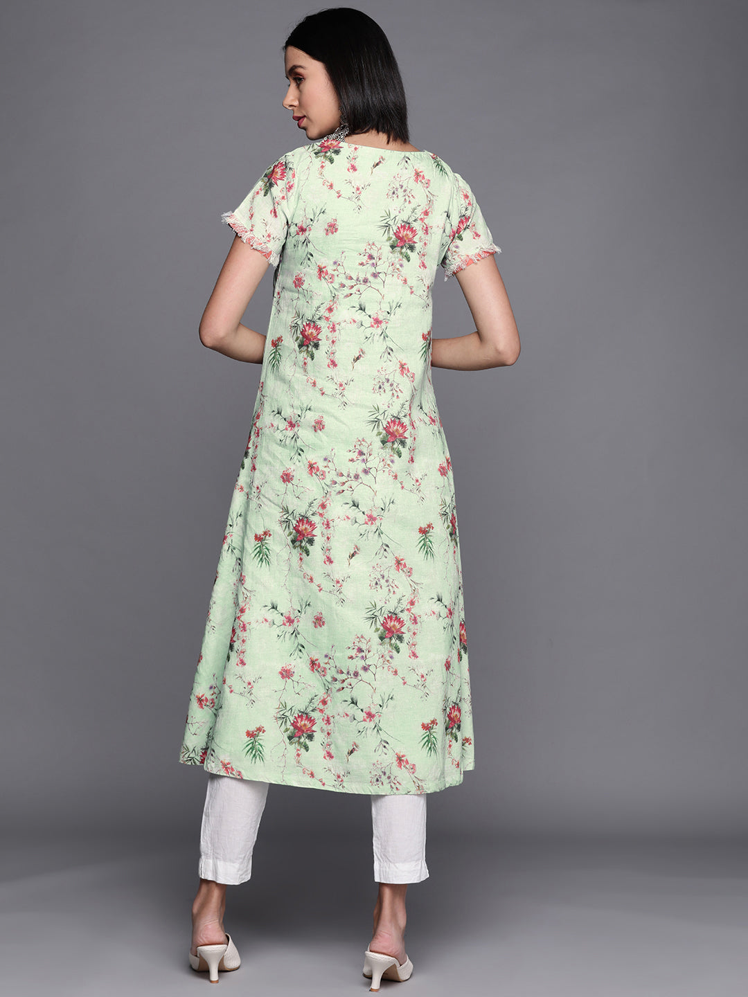 Biba Women Green & Pink Floral Printed Kurta - Grab2buy