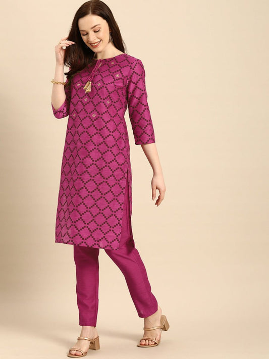 All About You Women Purple & Maroon Printed Kurta with Trousers