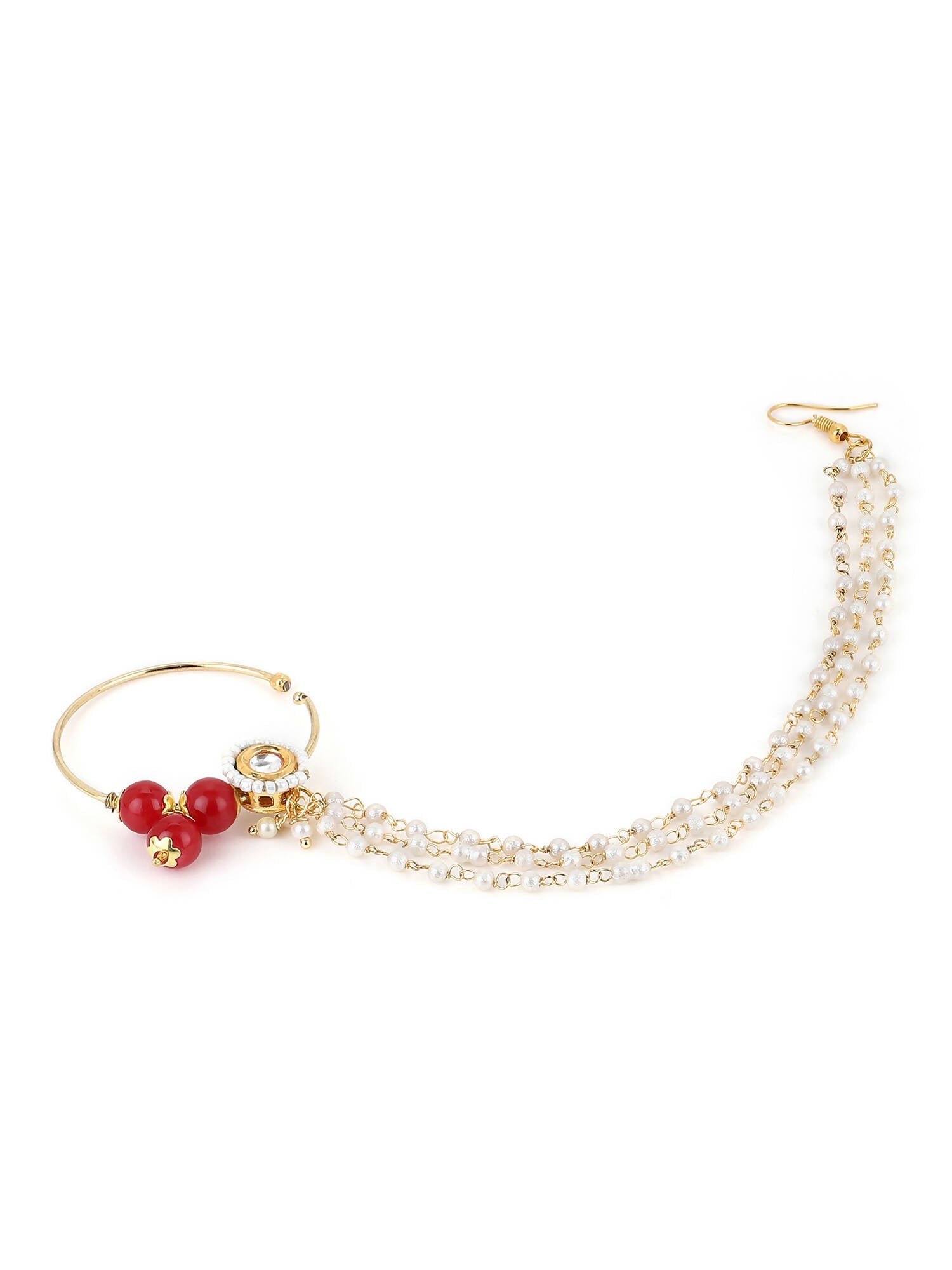 White Red Gold-Plated Kundan-Studded Beaded Nosepin - Ruby Raang - Grab2buy