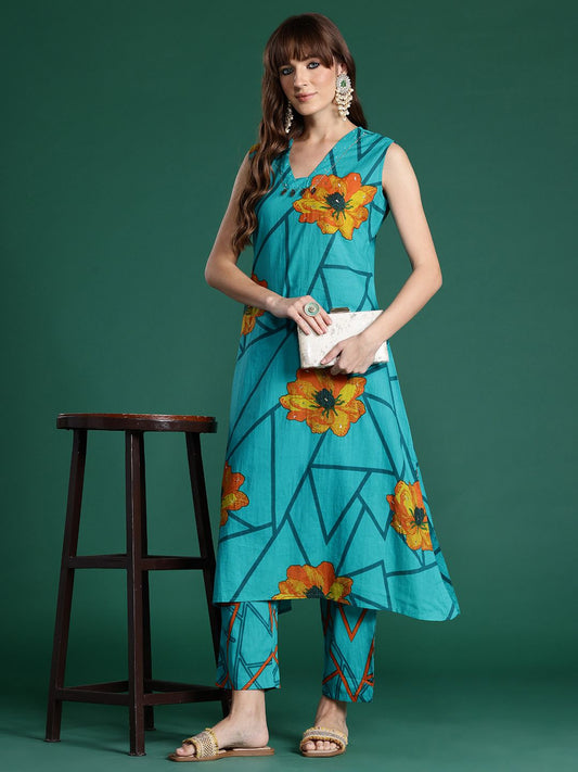 Indo Era Floral Printed Pure Cotton Kurta with Trousers