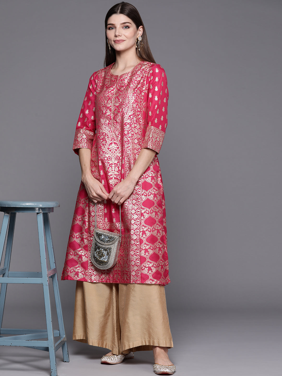 Biba Women Fuchsia & Gold-Toned Ethnic Motifs Kurta - Grab2buy