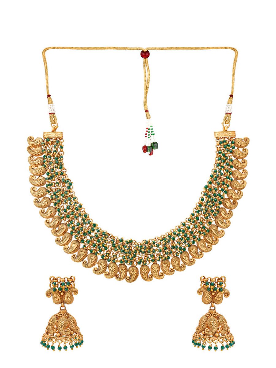 Aadita Gold-Plated Green Pearls Beaded Choker Jewellery Set - Grab2buy